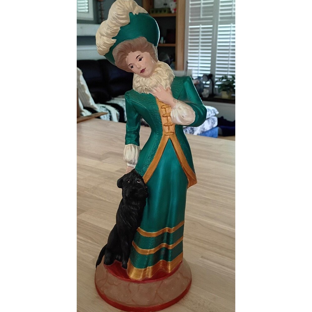 Large Vintage Pottery Statue Elegant Victorian Lady and Dog Figurine 13.5"